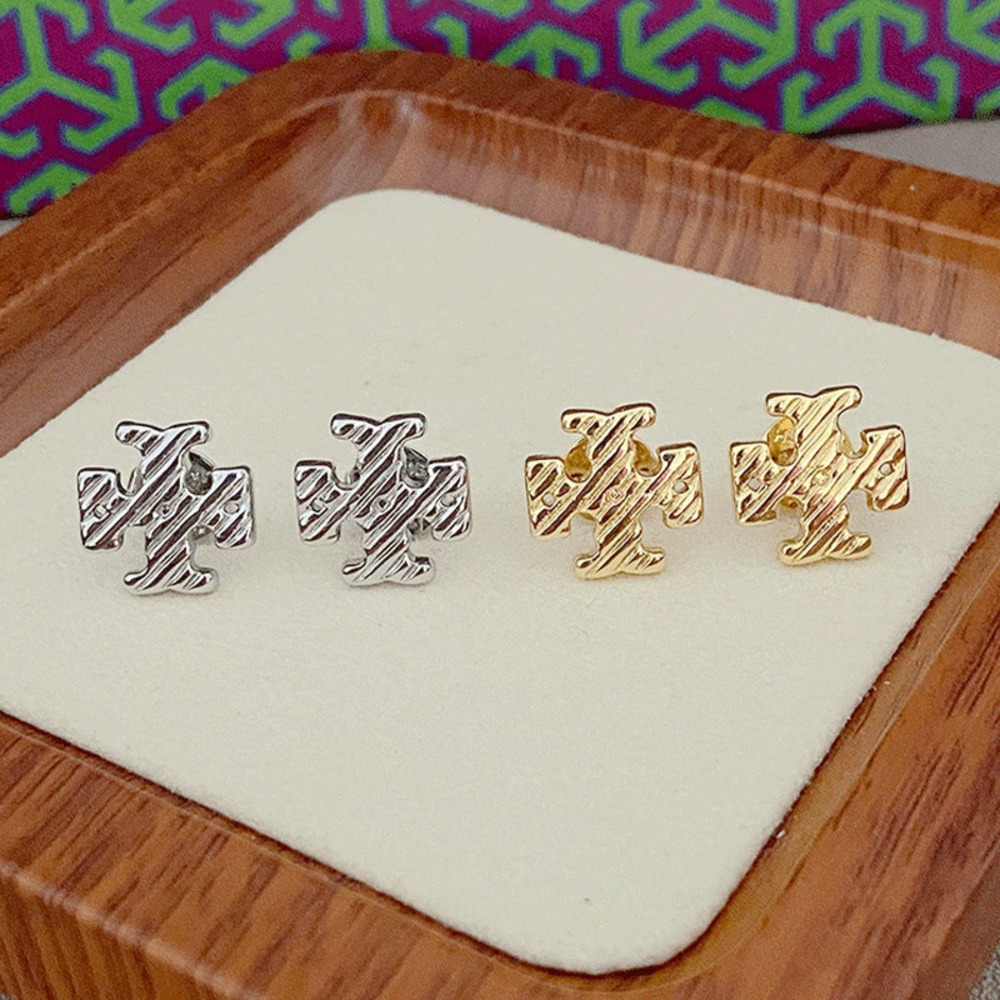 Tory Burch Letter Double Stripe Metal Stud Earrings
